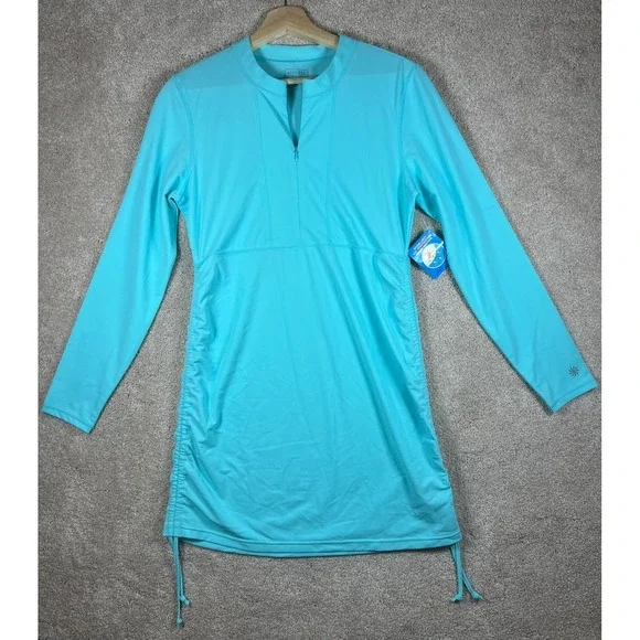 Athleta Swim Dress Rash Guard NWT Turquoise Cover Up UPF 50+ Ruched L - Picture 5 of 8